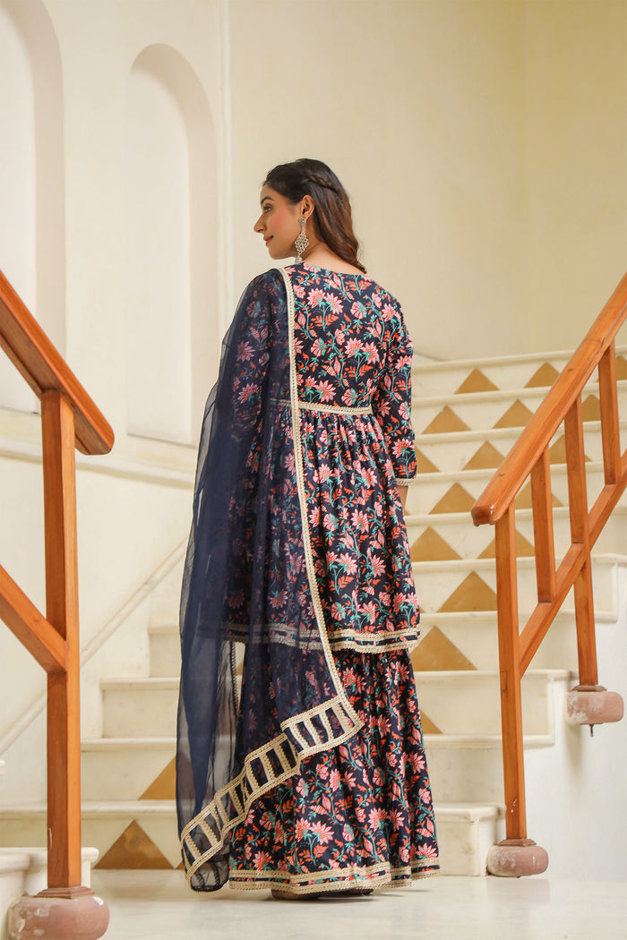<img> Tuna Blue Cotton Floral Printed Sharara Set