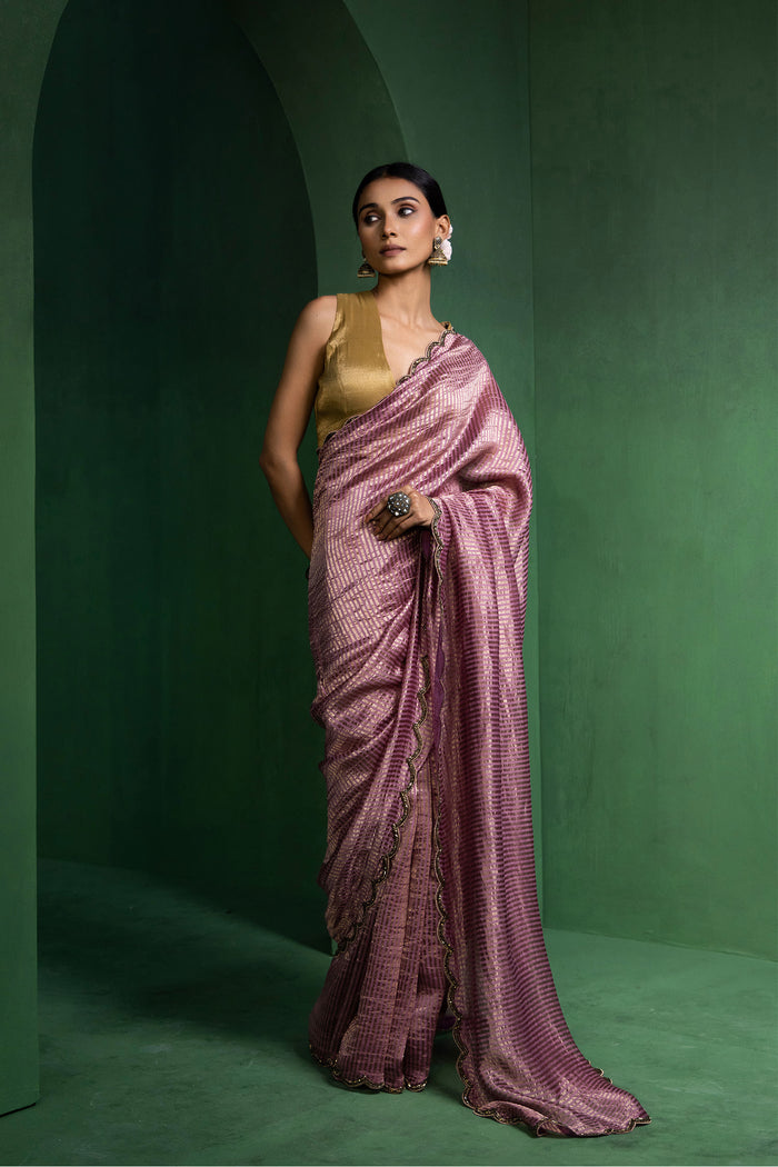 Turkish Rose Pink Chanderi Saree With Zari Stripes