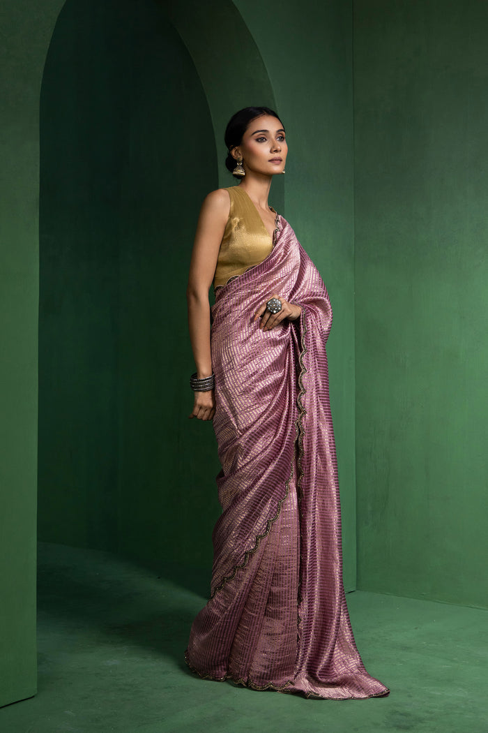 Turkish Rose Pink Chanderi Saree With Zari Stripes