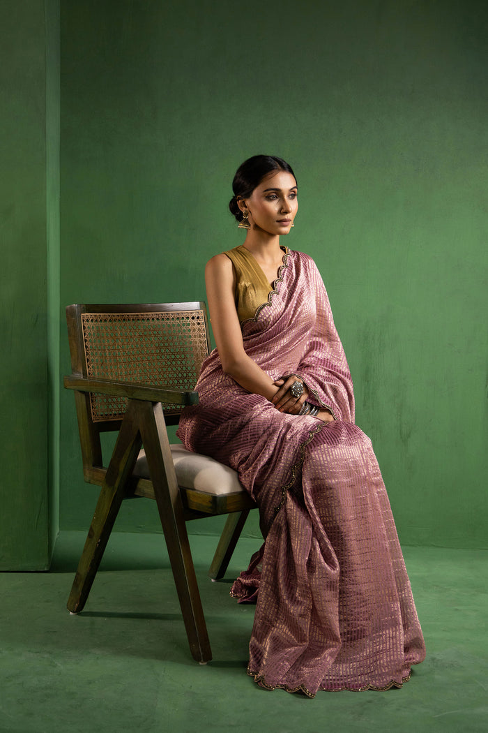 Turkish Rose Pink Chanderi Saree With Zari Stripes