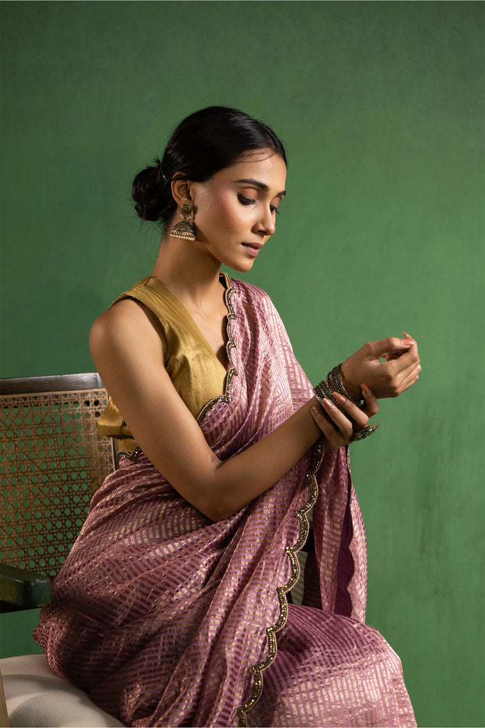 Turkish Rose Pink Chanderi Saree With Zari Stripes
