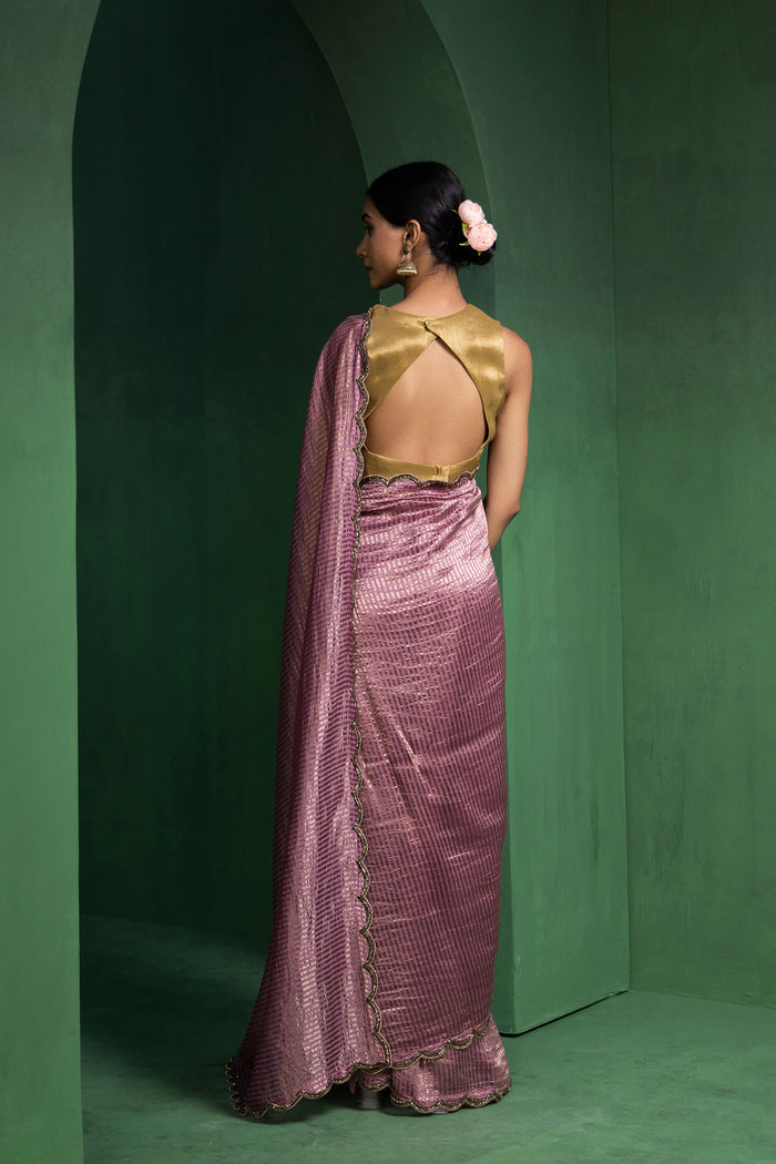 Turkish Rose Pink Chanderi Saree With Zari Stripes