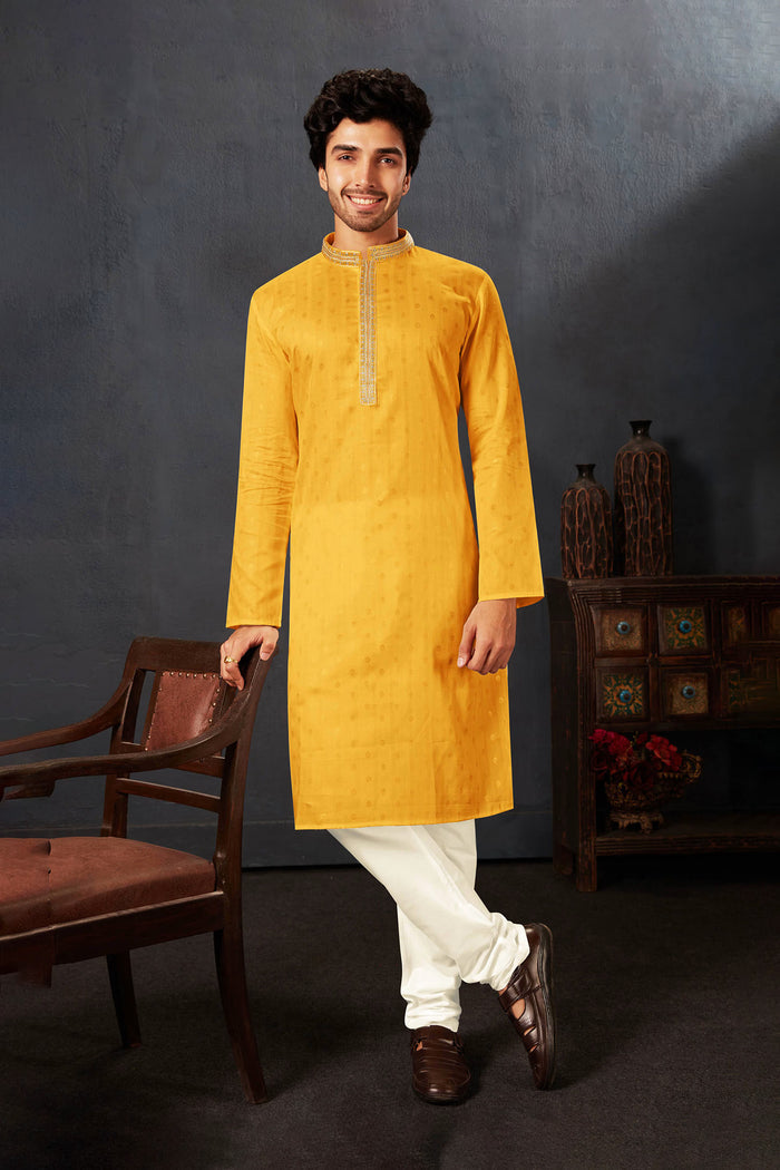 Turmeric Yellow Cotton Kurta Set With Embroidered Neck