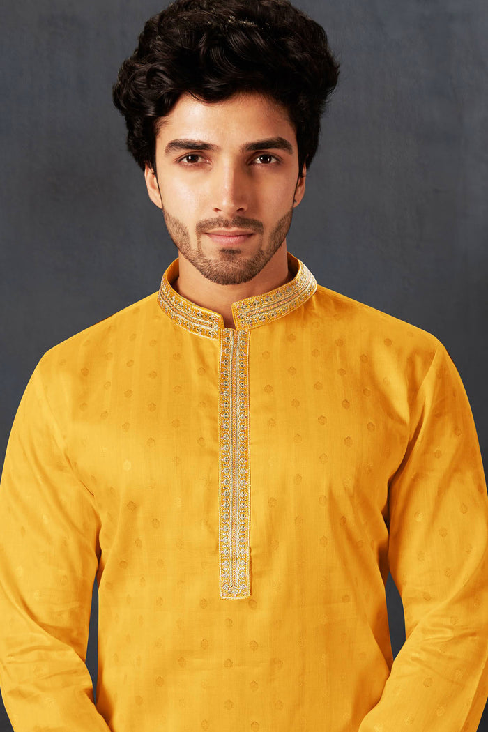 Turmeric Yellow Cotton Kurta Set With Embroidered Neck