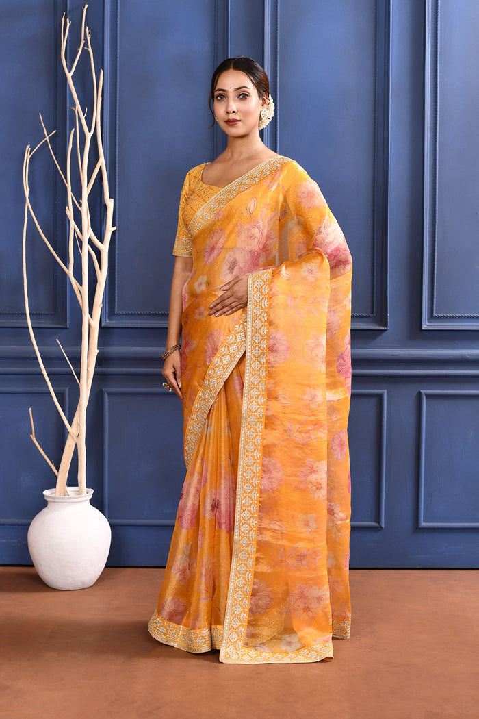 Turmeric Yellow Floral Printed Tissue Saree