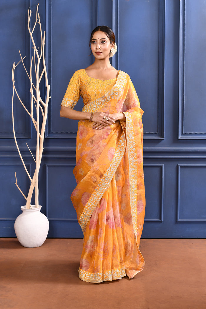 Turmeric Yellow Floral Printed Tissue Saree