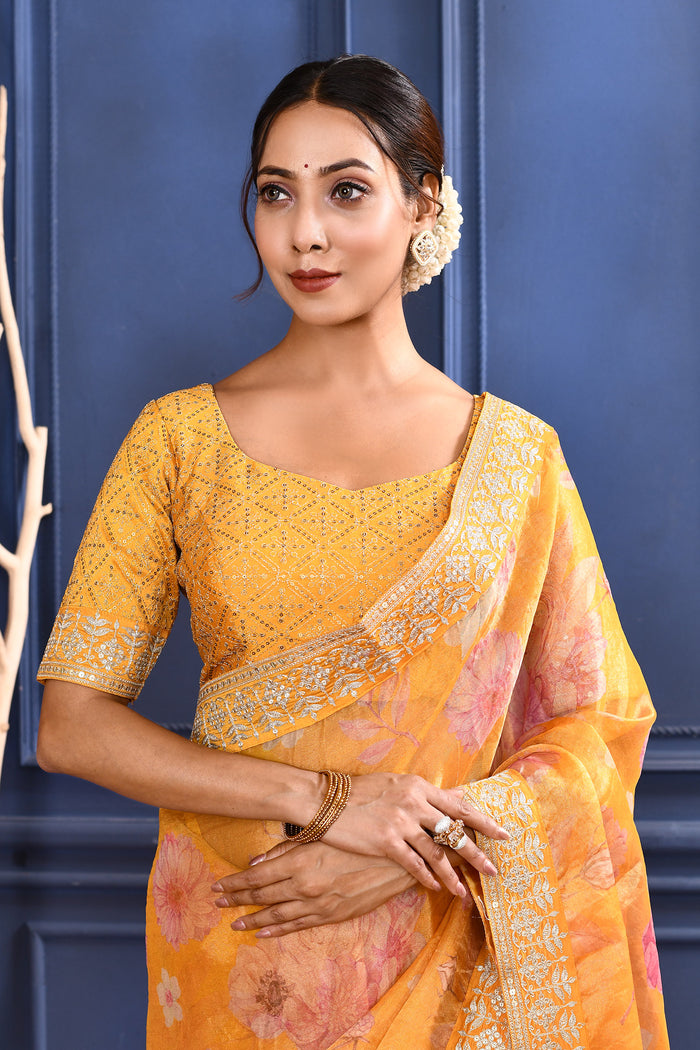 Turmeric Yellow Floral Printed Tissue Saree