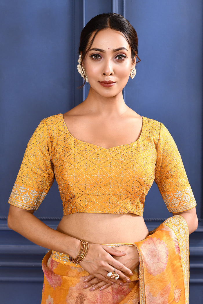 Turmeric Yellow Floral Printed Tissue Saree
