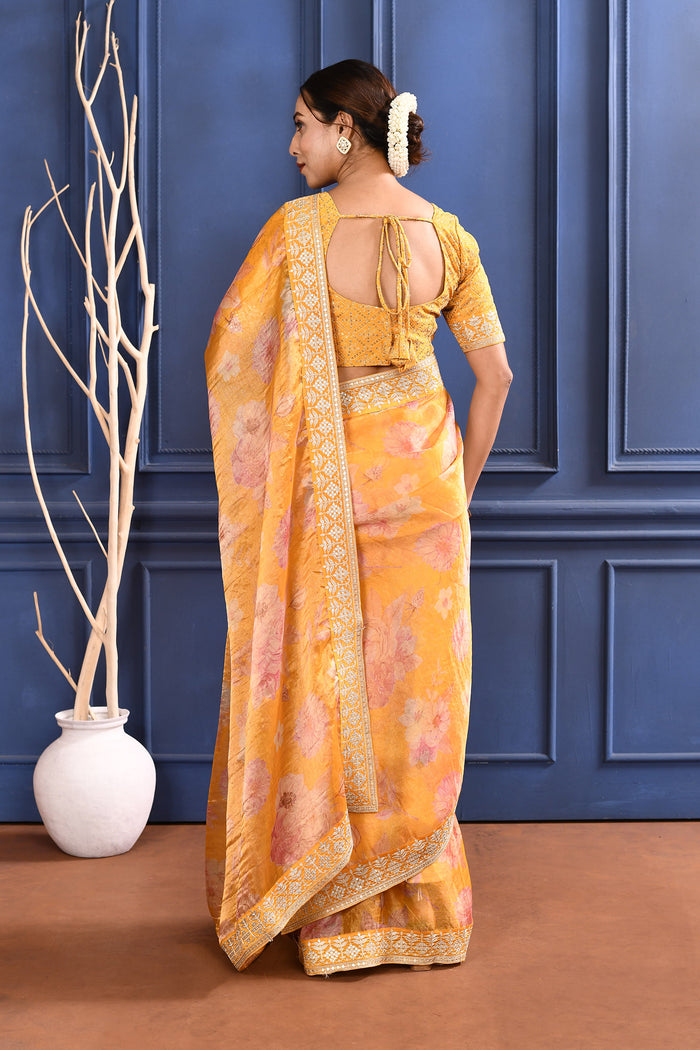 Turmeric Yellow Floral Printed Tissue Saree