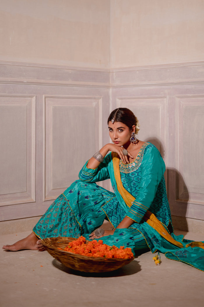 <img> Turquoise Blue Chinon Gharara Set With Yellow Dupatta
