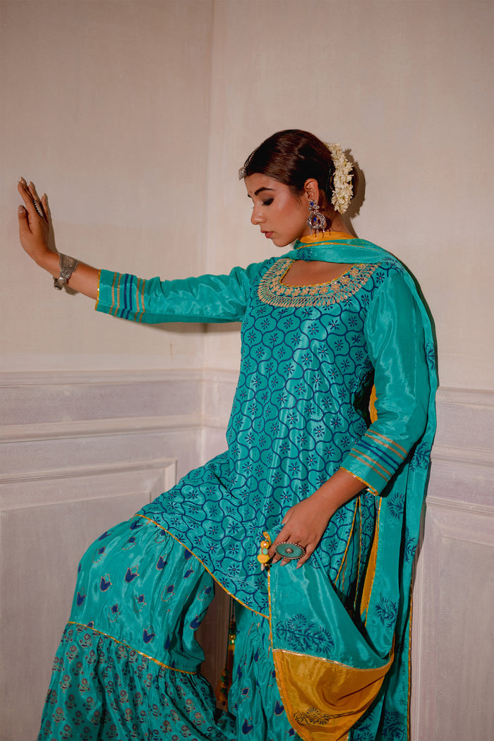 <img> Turquoise Blue Chinon Gharara Set With Yellow Dupatta