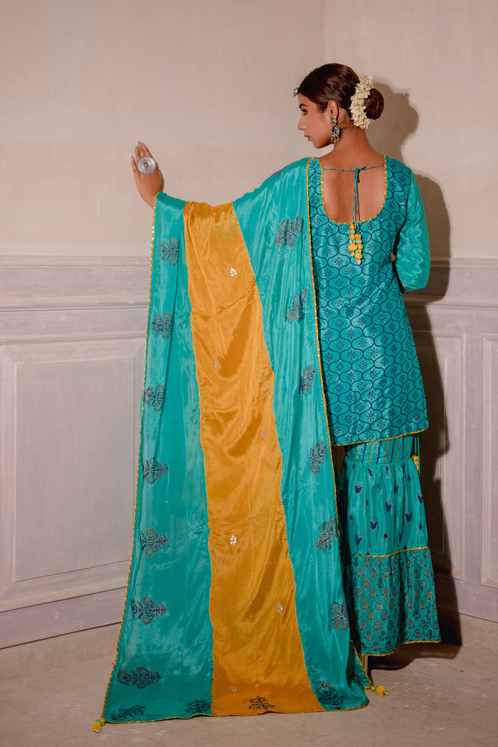 <img> Turquoise Blue Chinon Gharara Set With Yellow Dupatta