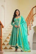 <img> Turquoise Blue Cotton Floral Printed Anarkali Set