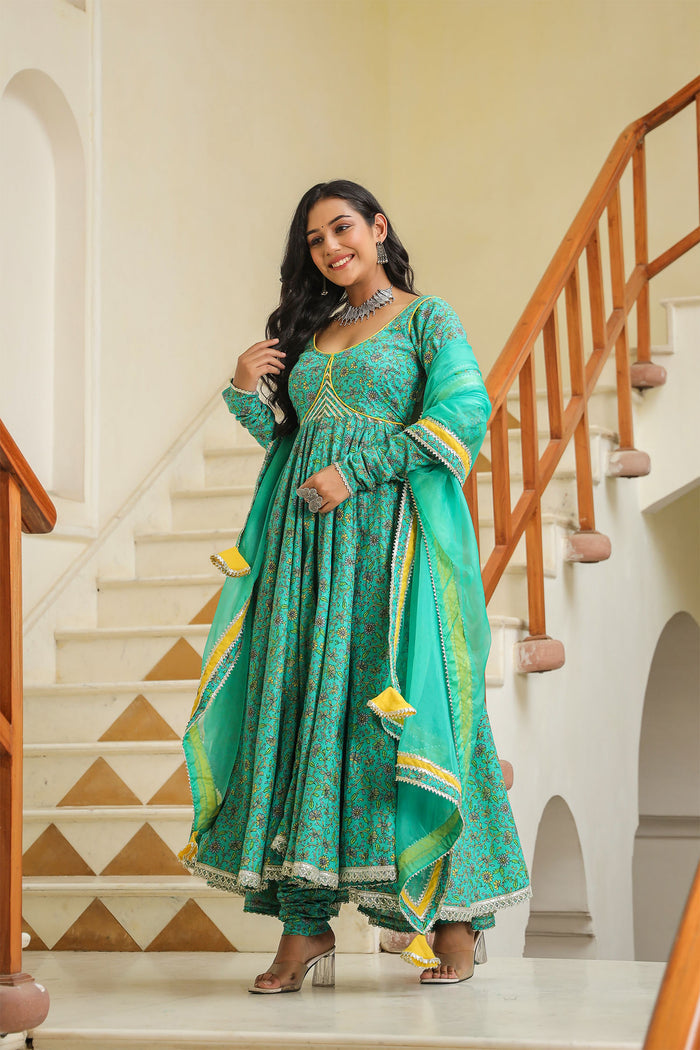 <img> Turquoise Blue Cotton Floral Printed Anarkali Set