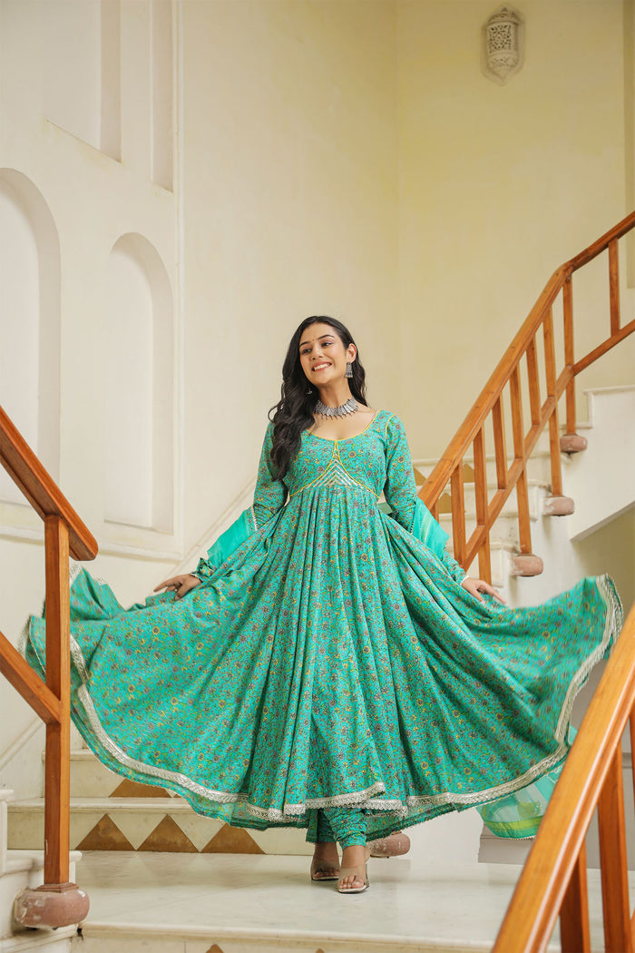 <img> Turquoise Blue Cotton Floral Printed Anarkali Set