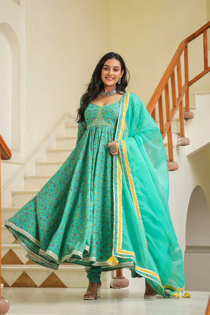<img> Turquoise Blue Cotton Floral Printed Anarkali Set