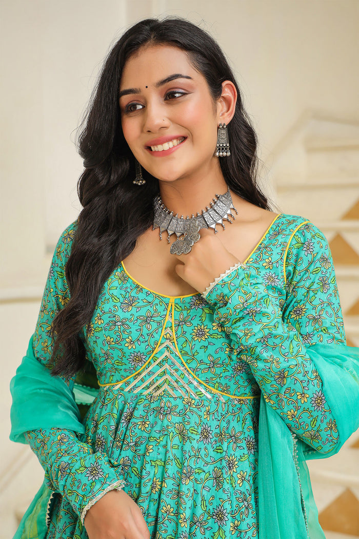 <img> Turquoise Blue Cotton Floral Printed Anarkali Set