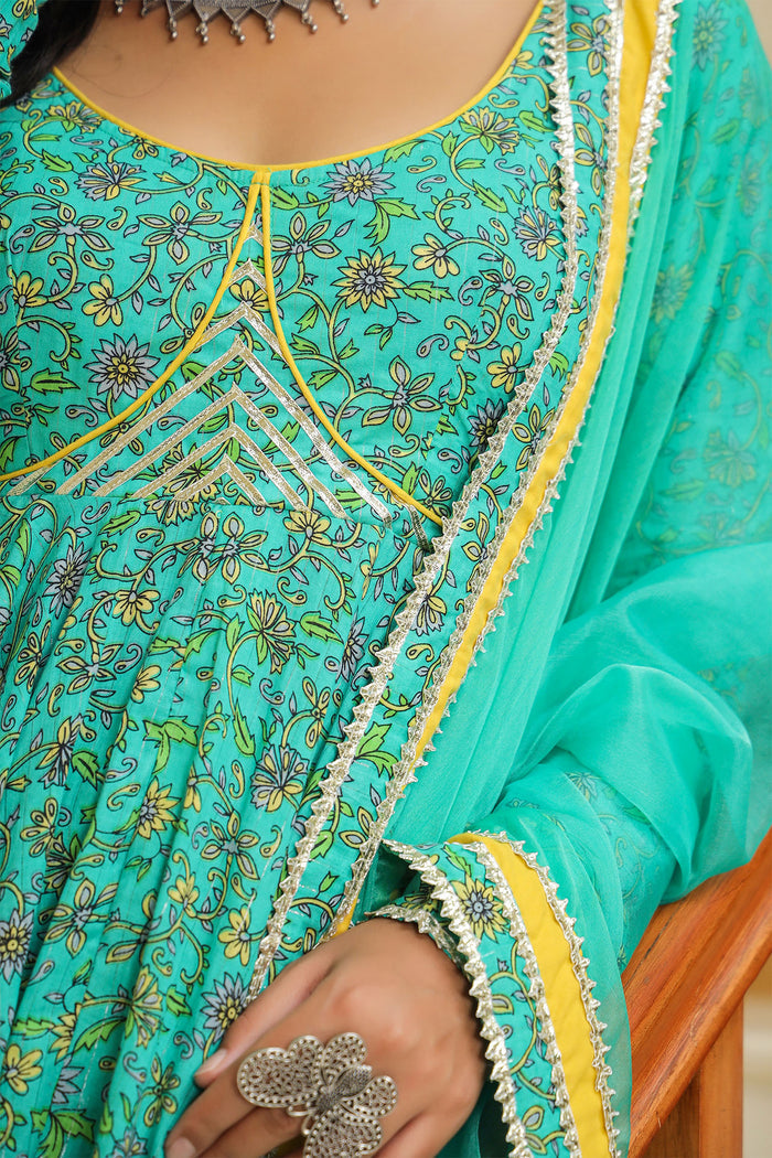 <img> Turquoise Blue Cotton Floral Printed Anarkali Set