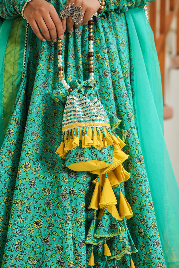 <img> Turquoise Blue Cotton Floral Printed Anarkali Set