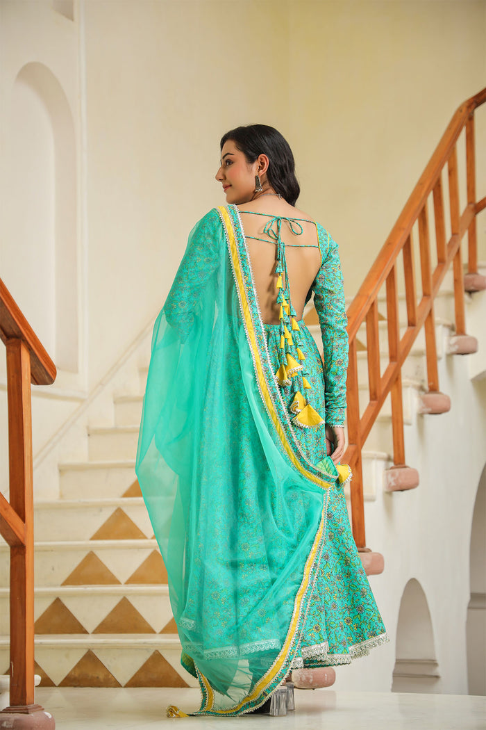 <img> Turquoise Blue Cotton Floral Printed Anarkali Set