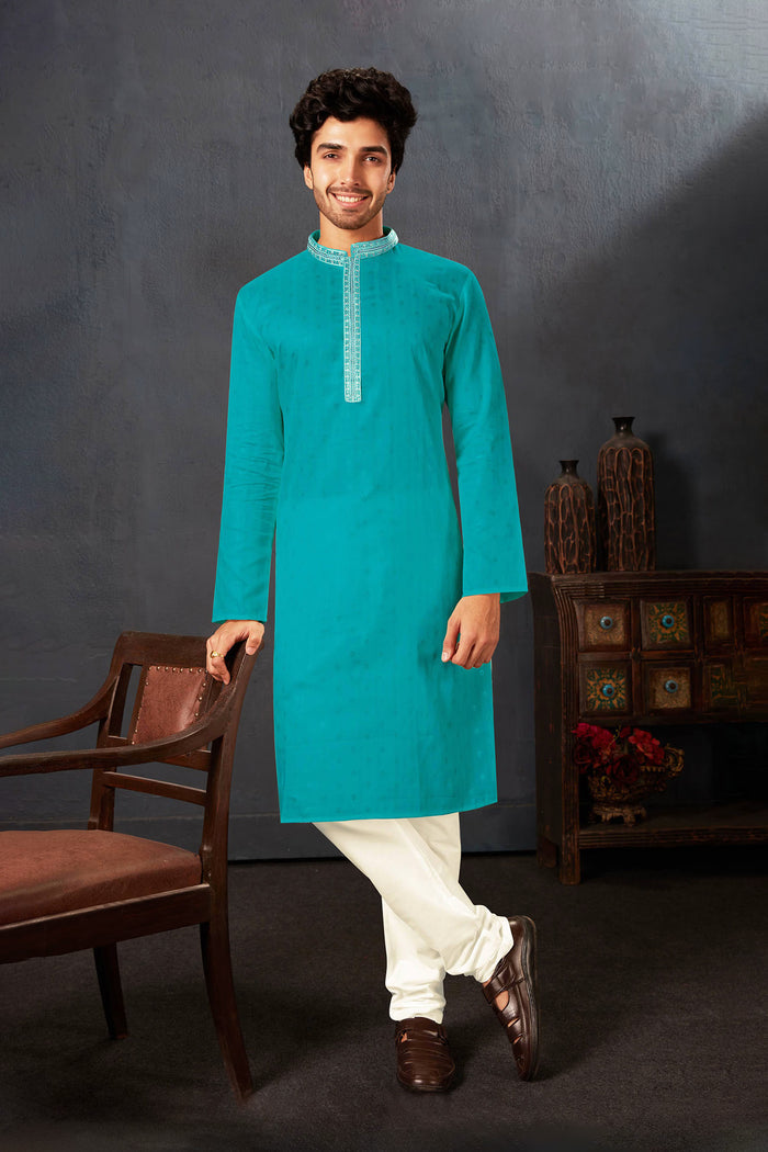 Turquoise Blue Cotton Kurta Set With Embroidered Neck