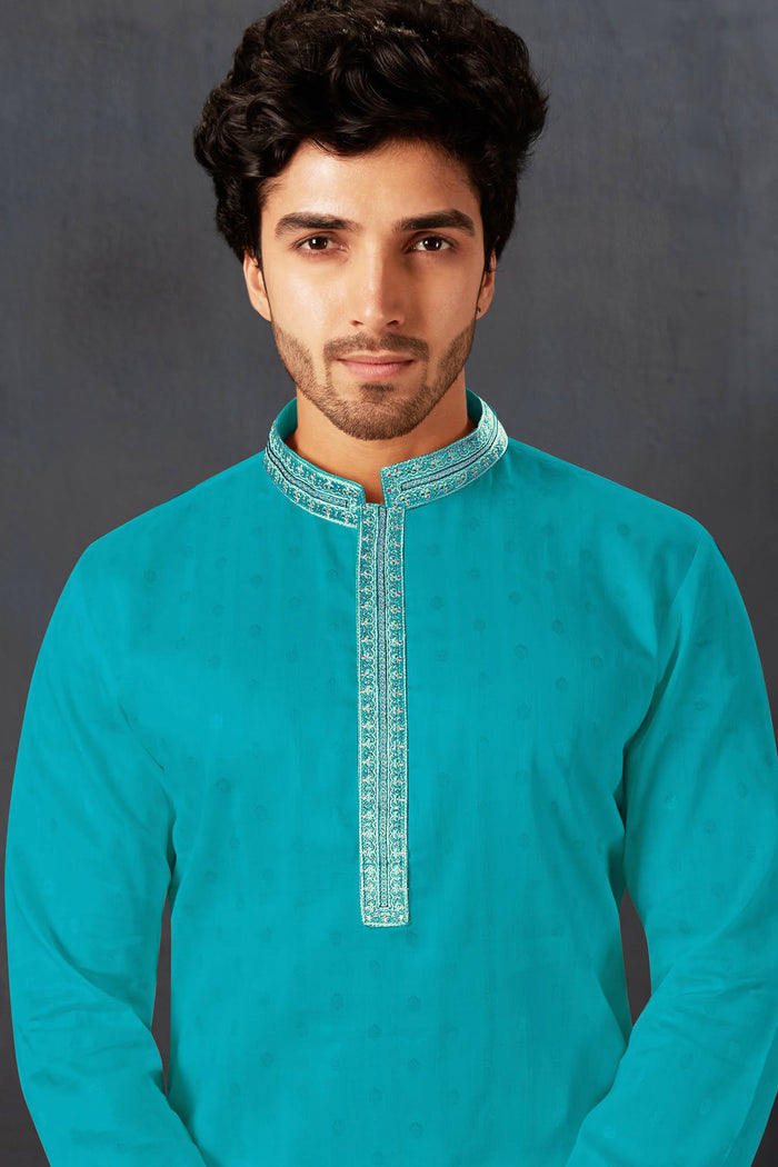 Turquoise Blue Cotton Kurta Set With Embroidered Neck
