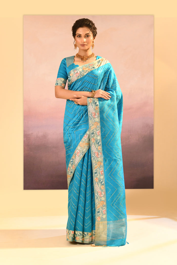 Turquoise Blue Foil Printed Dupion Silk Saree