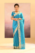 Turquoise Blue Foil Printed Dupion Silk Saree