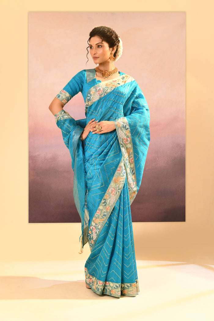 Turquoise Blue Foil Printed Dupion Silk Saree