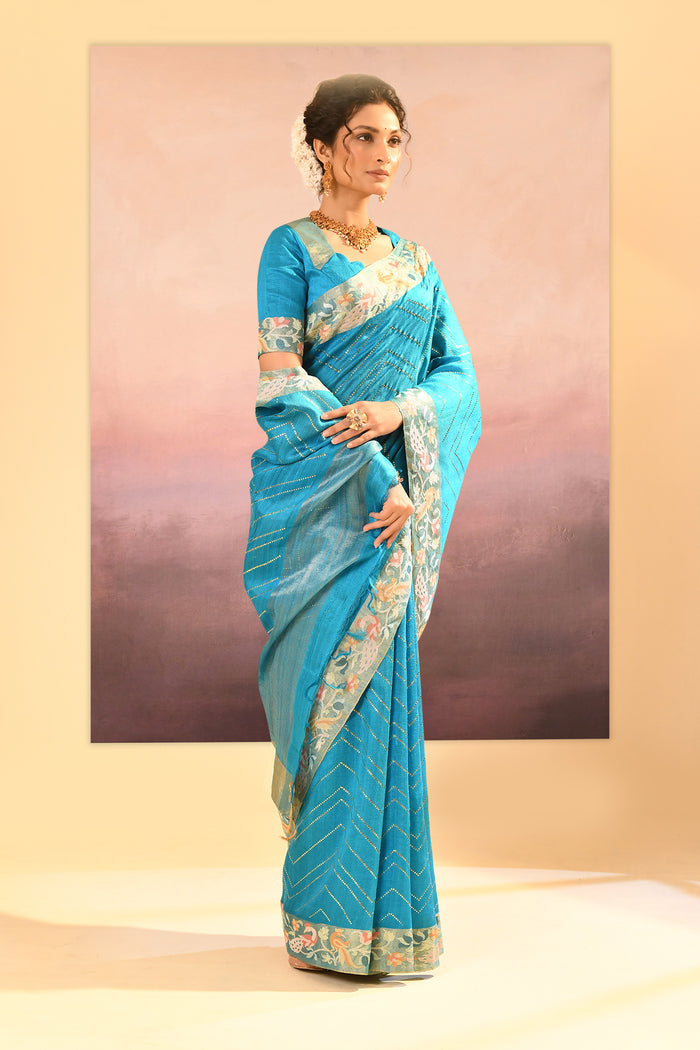 Turquoise Blue Foil Printed Dupion Silk Saree