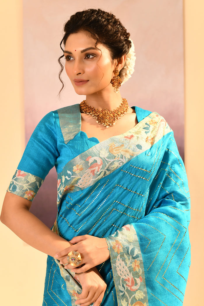 Turquoise Blue Foil Printed Dupion Silk Saree