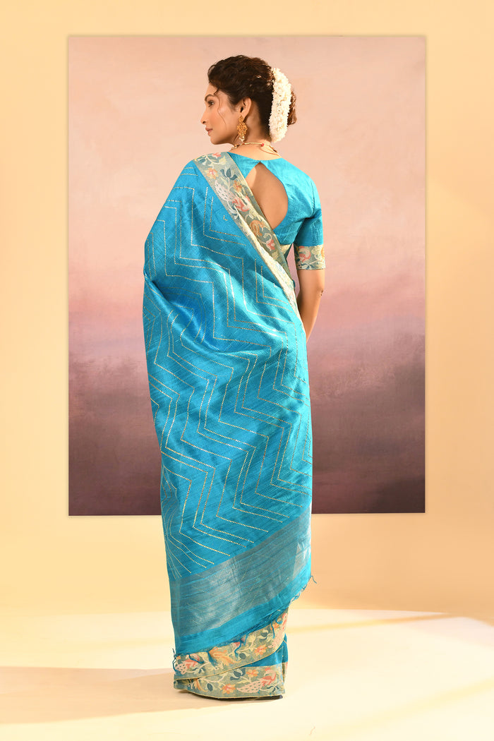 Turquoise Blue Foil Printed Dupion Silk Saree