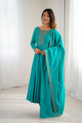 Turquoise Chanderi Embroidered Anarkali Set