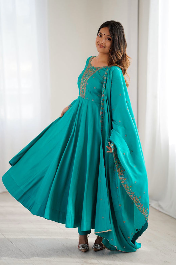 Turquoise Chanderi Embroidered Anarkali Set