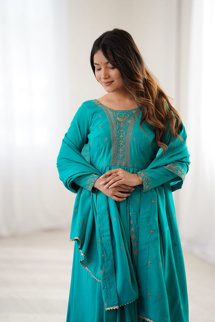 Turquoise Chanderi Embroidered Anarkali Set