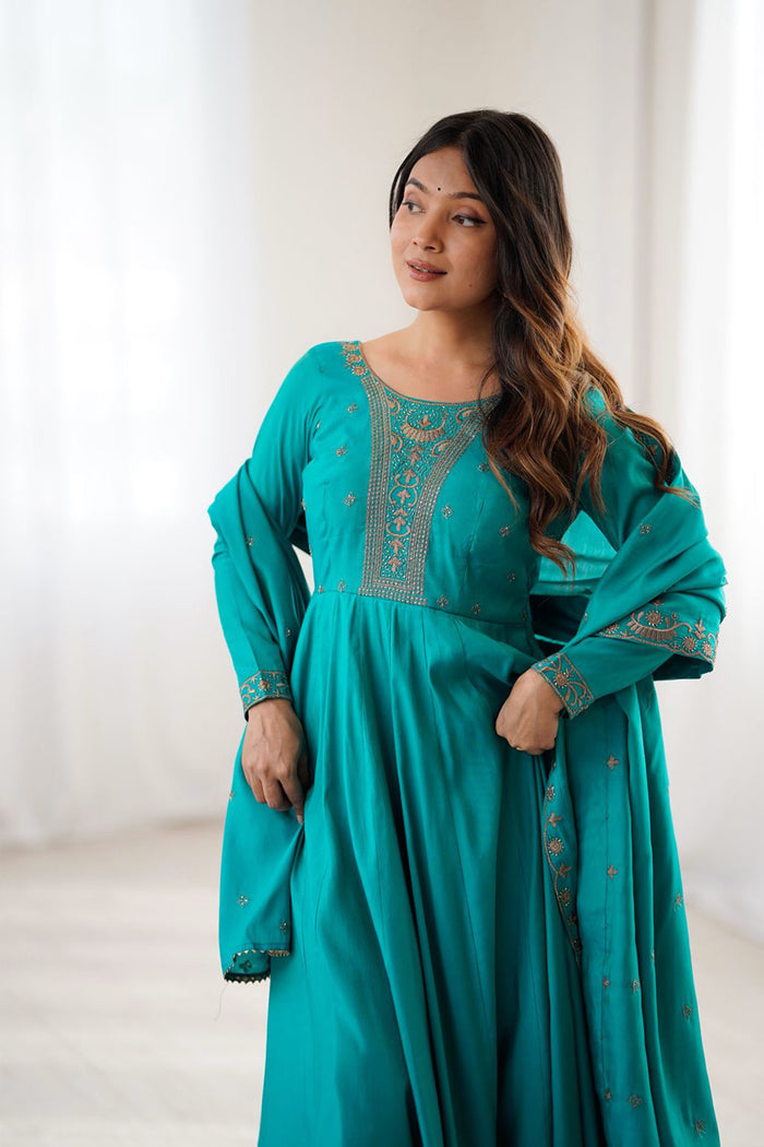 Turquoise Chanderi Embroidered Anarkali Set