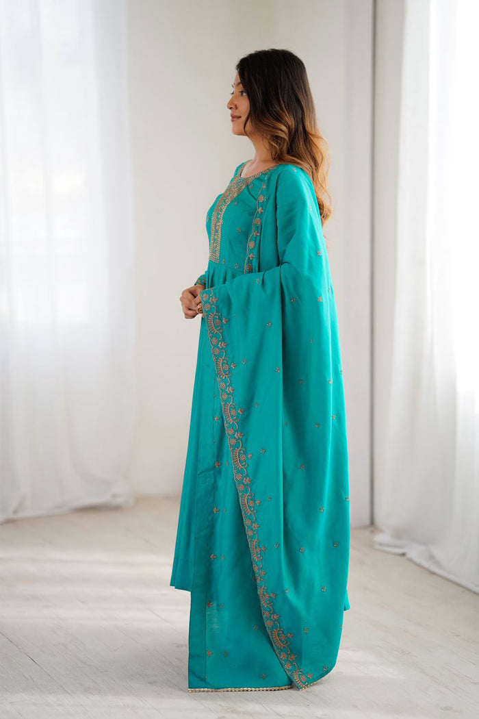 Turquoise Chanderi Embroidered Anarkali Set