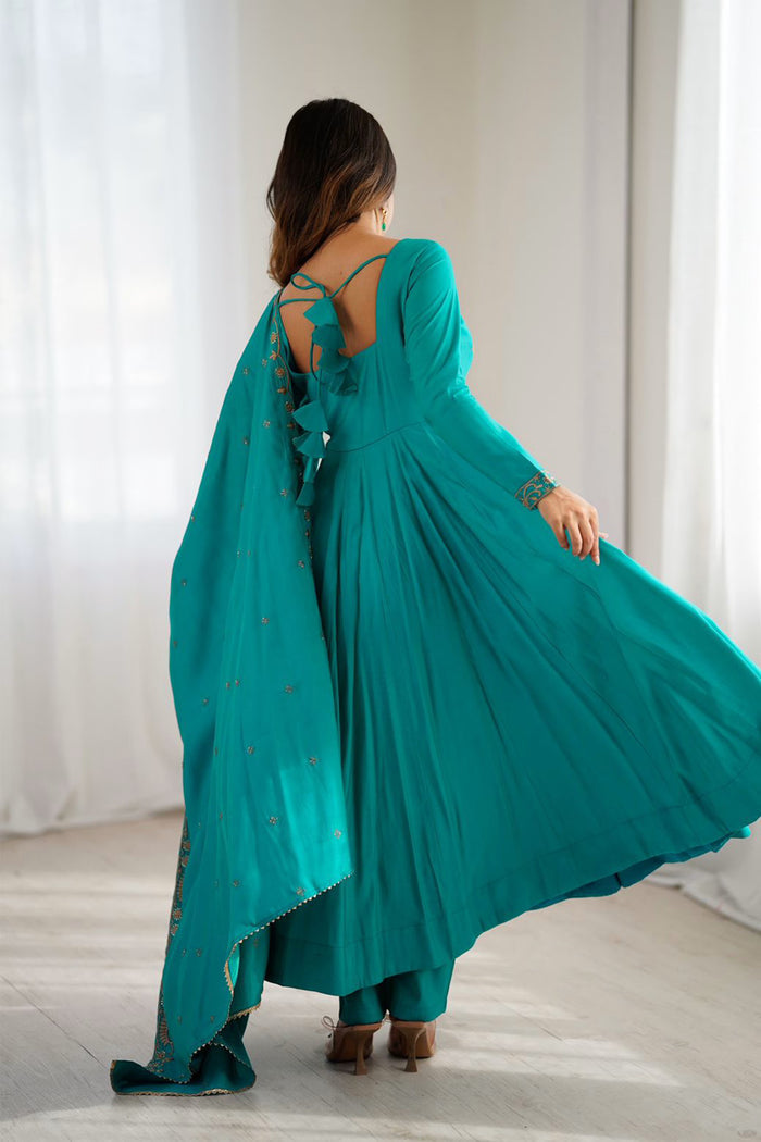 Turquoise Chanderi Embroidered Anarkali Set