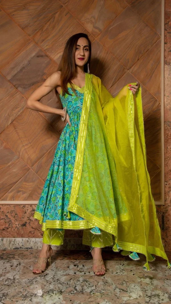 Turquoise Floral Printed Cotton Anarkali Set With Lime Green Bodice
