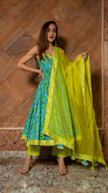 Turquoise Floral Printed Cotton Anarkali Set With Lime Green Bodice