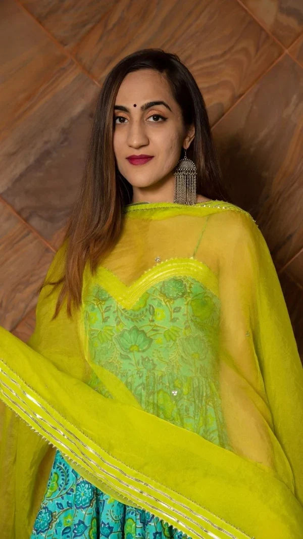 Turquoise Floral Printed Cotton Anarkali Set With Lime Green Bodice