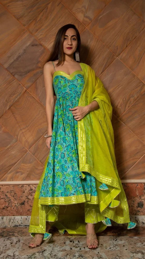 Turquoise Floral Printed Cotton Anarkali Set With Lime Green Bodice