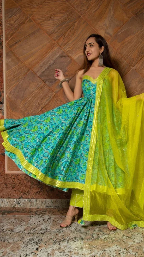 Turquoise Floral Printed Cotton Anarkali Set With Lime Green Bodice