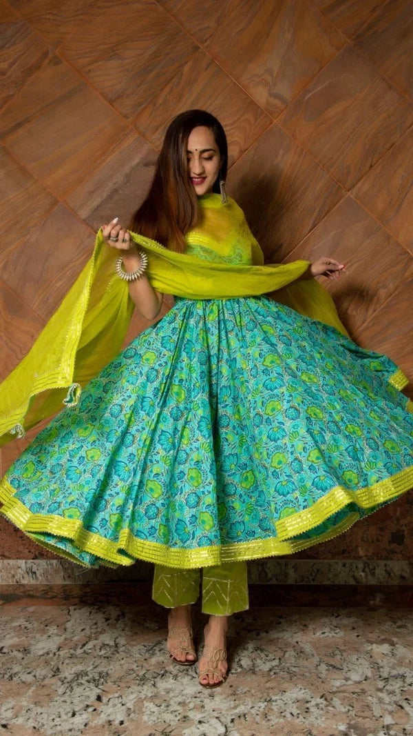 Turquoise Floral Printed Cotton Anarkali Set With Lime Green Bodice