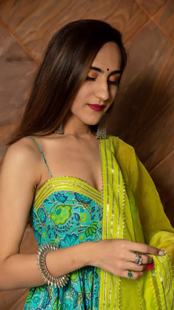 Turquoise Floral Printed Cotton Anarkali Set With Lime Green Bodice
