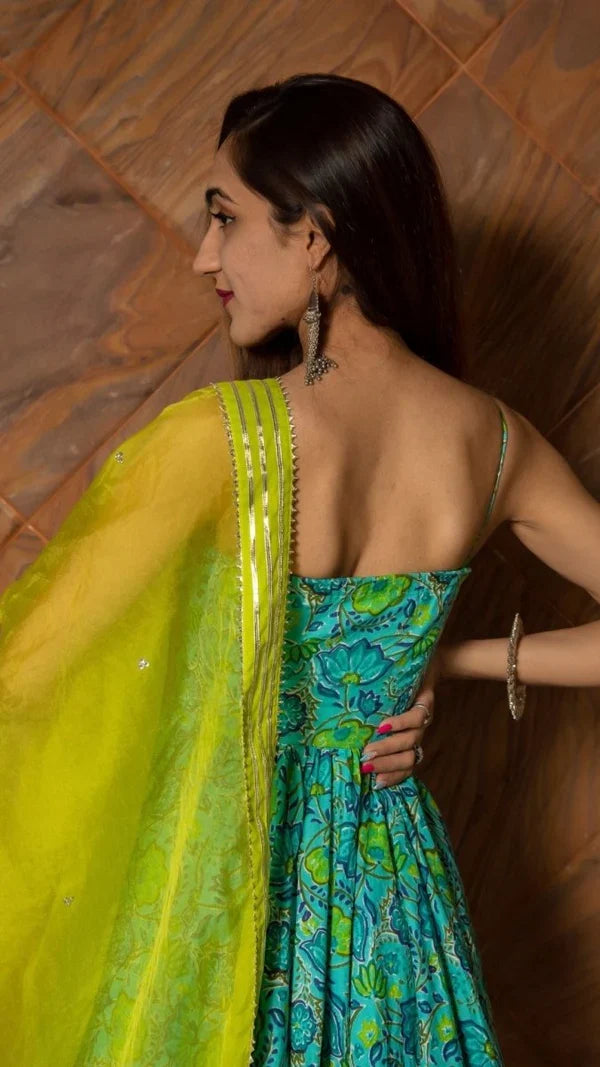Turquoise Floral Printed Cotton Anarkali Set With Lime Green Bodice