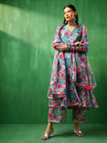Turquoise Floral Printed Georgette Anarkali Set With Tiered Dupatta
