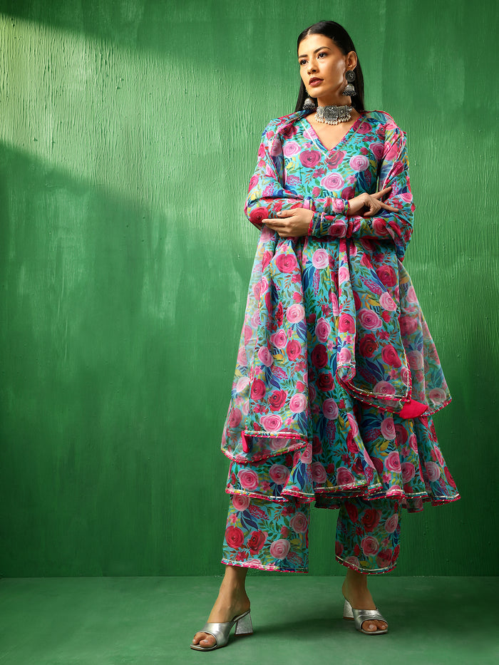 Turquoise Floral Printed Georgette Anarkali Set With Tiered Dupatta