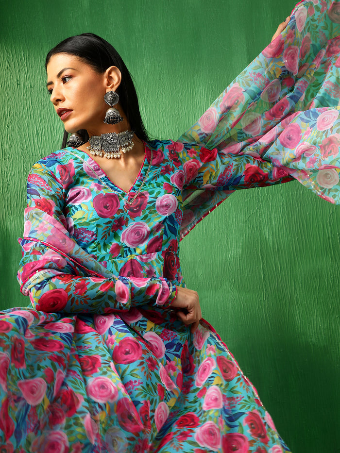 Turquoise Floral Printed Georgette Anarkali Set With Tiered Dupatta