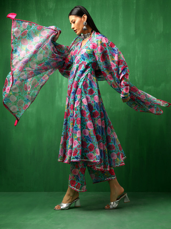 Turquoise Floral Printed Georgette Anarkali Set With Tiered Dupatta